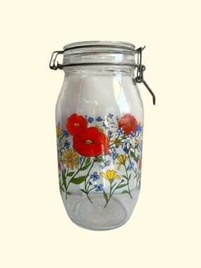 Clear Glass Floral Storage Jar with Poppy Design Arc France by R Carmen